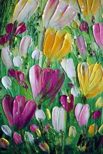 Spring Flowers TULIPS Vertical Narrow Canvas Original Impasto Oil Painting pink - Picture 9 of 9