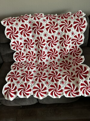 New Peppermint afghan, crochet, hand made, Red Afghan Approximately 50 X 60 