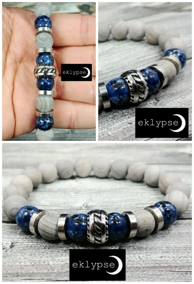 Brazalete con cuentas de piedras preciosas de jaspe a rayas de madera azul y gris de 8" L de acero inoxidable de 10 mm Foto 2 de 4
