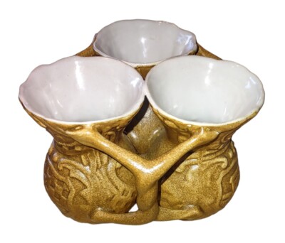 Croatian Triple Pot Twisted Linked Handles Ceramic w/ Symbols 4'' Tall RARE VTG