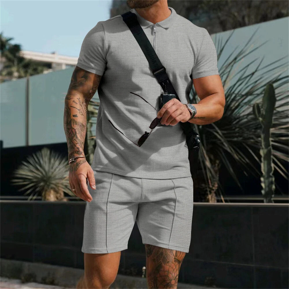 Men Summer Outfit 2-Piece Set Short Sleeve Polo Shirt and Shorts Sweatsuit Set
