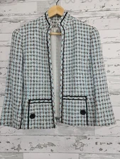 Carlisle Womens 10 Tweed Blazer Blue White Plaid Black Trim Classic Lady Jacket