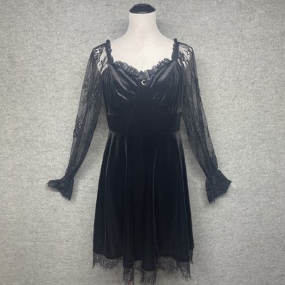 Goth Velvet Dress Lace Long Slv Whimsigoth Moon Charm Black Mini Womens L Witchy