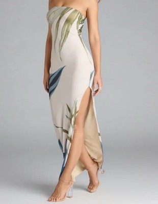 Windsor White Tropical Vacay Slit Maxi Fitted Leaf Dress Sz Small