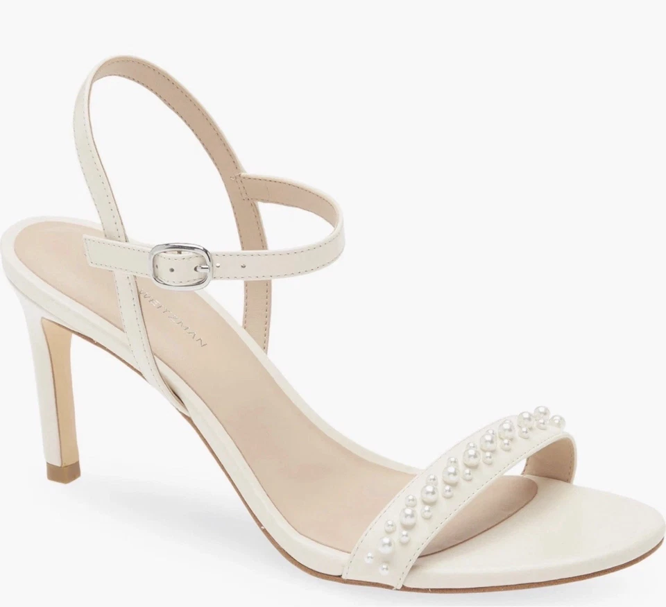 NEW Stuart Weitzman 9.5 Dancer Demipearl Heel Sandal Calf Leather White Wedding - Image 2 of 4