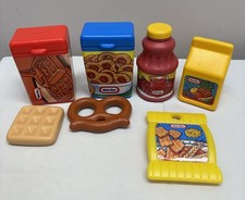 Lot Vintage LITTLE TIKES Pretend Play Food Chips Juice Pretzel Waffle Box 7 Pc
