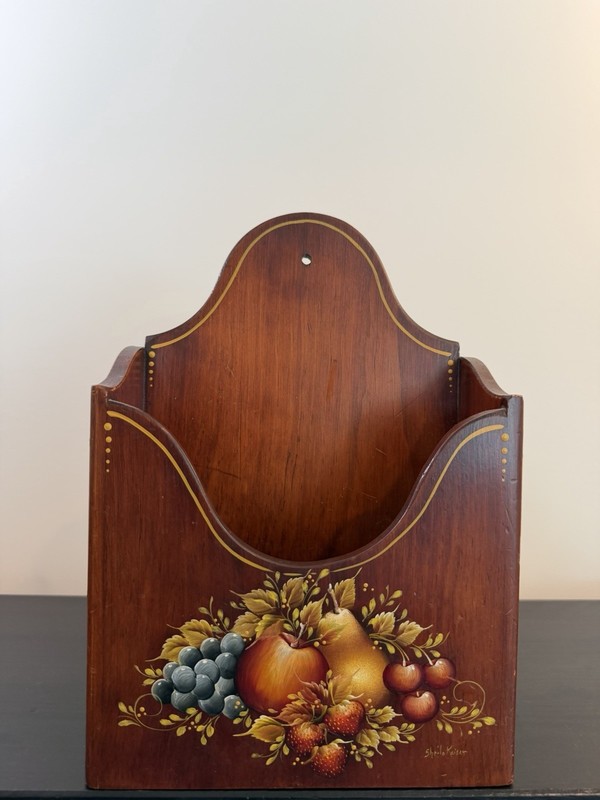 VTG Wooden Wall Pocket /Mail Holder Fruit Grape Apple Pear Cherries Cottage Core