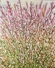 Wildflowers Meadow Pink Sky Original Art Painting Canvas Modern Folk