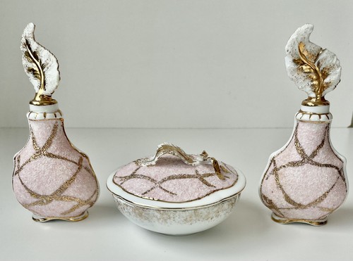 Vanity set vintage in porcellana rosa e oro Lefton China - anni '50 marcato metà secolo - Foto 1 di 6