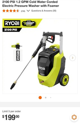 #ad RYOBI 2100 PSI 1.2 GPM Corded Electric Cold Water Pressure Washer $149.25