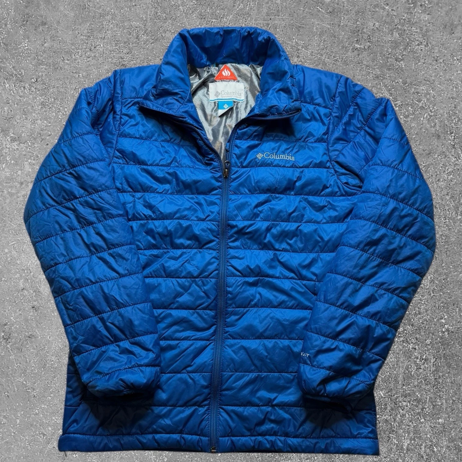 Mens Columbia Blue Puffer Quilted Omni Heat Jacket Size Small Outdoor Hiking EUC