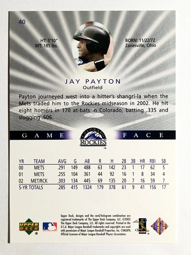 2003 Upper Deck Game Face #40 Jay Payton - Picture 2 of 2