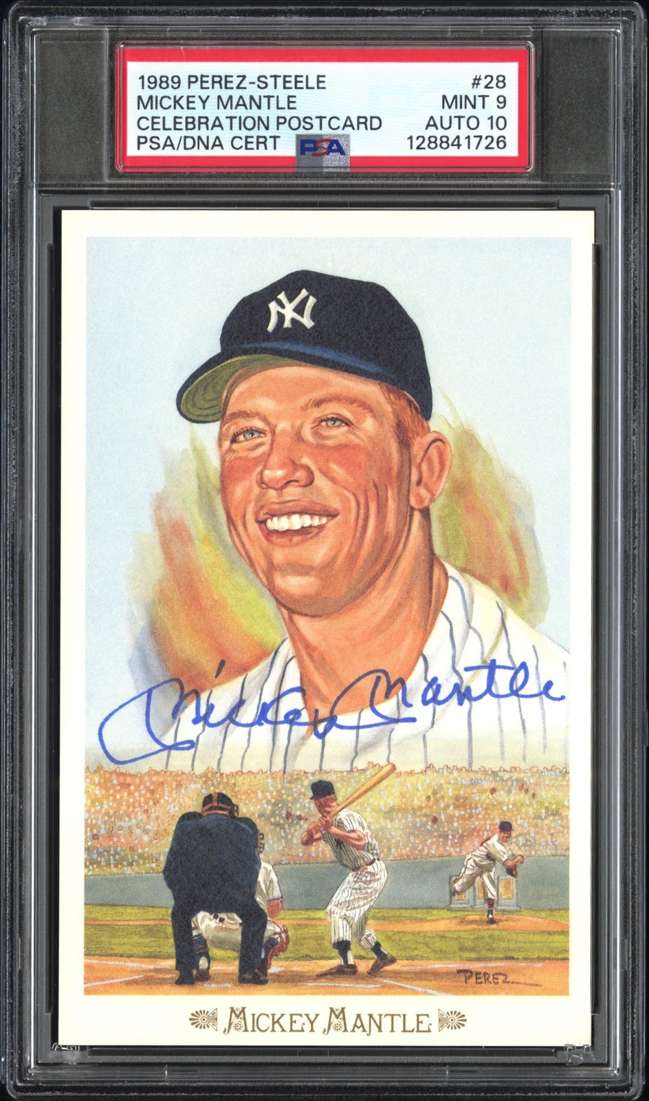 MICKEY MANTLE 1989 PEREZ-STEELE CELEBRATION POSTCARD /10000 PSA 9 DNA AUTO 10 