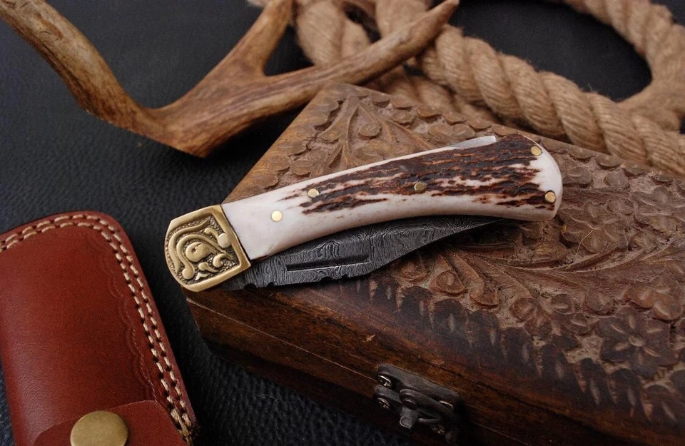 Couteau De Poche Pliant La Lame Damas Avec Étui Cuir - Photo 4/4