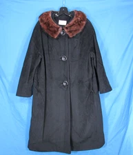 VTG REGAL KISMET Lined WOOL Black BROWN FUR COLLAR Button-Up POCKETS Jacket Sz M