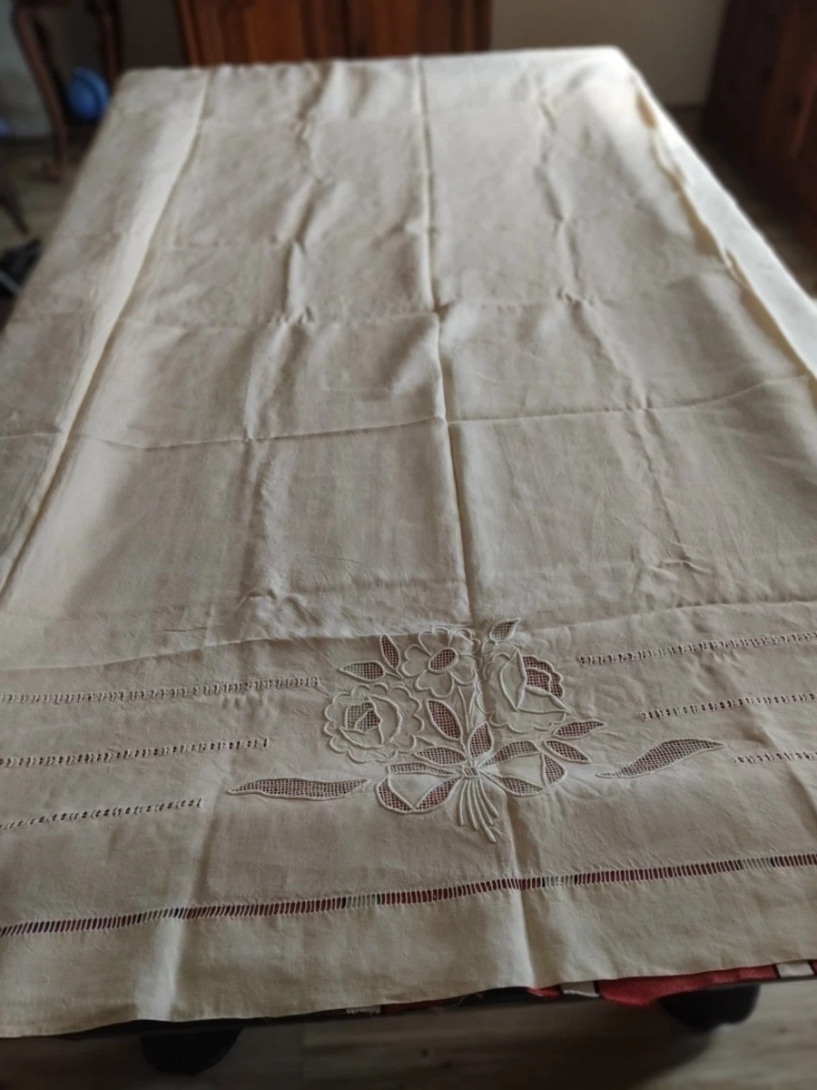 Drap Plat Vintage Neuf, Coton Brodé, Fabrication Française, 220x300cm, Beige