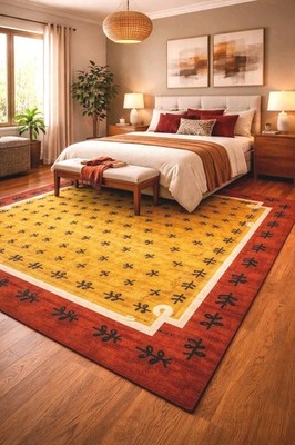 Rust Yellow Modern Abstract Wool Rug Hand Tufted Luxury Bordered Living Room Car