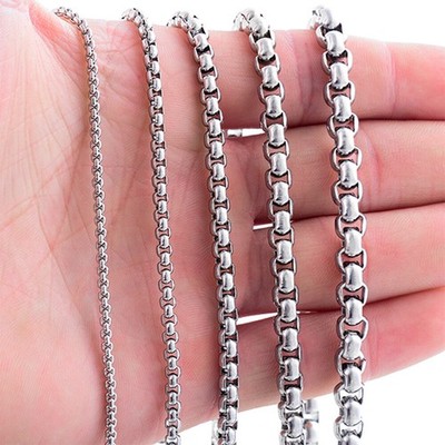 1.5-4mm Silver Tone Stainless Steel Round Box Necklace Men Women Chain 18-28''