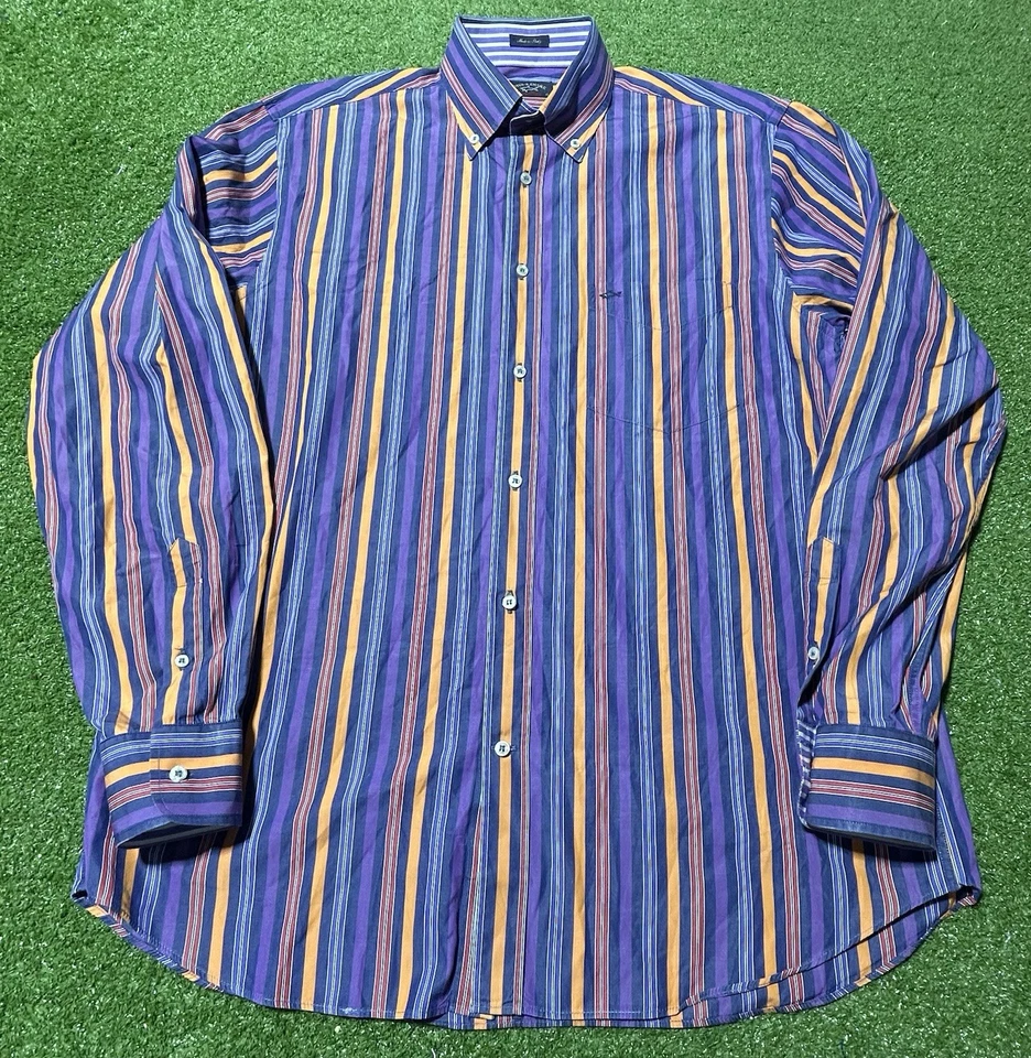 Paul & Shark 游艇衬衫男式 42 长袖蓝色金色 Stipe 意大利制造 — 第 2/4 张图片