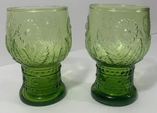 Anthropologie Green Glasses Helianthus Set of 2 Water Goblets Floral - Fast Ship