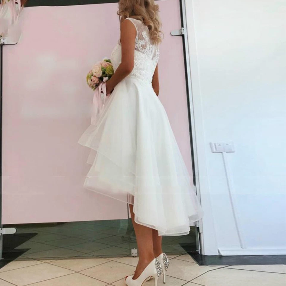 Short Wedding Dresses Lace Appliques Beaded Knee Length High-Low Bridal Gowns - Image 3 of 4