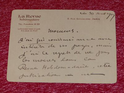 Signiertes Autogramm BILLET AUTOGRAPHE FERNAND LAUDET 1917 La Revue hebdomadaire