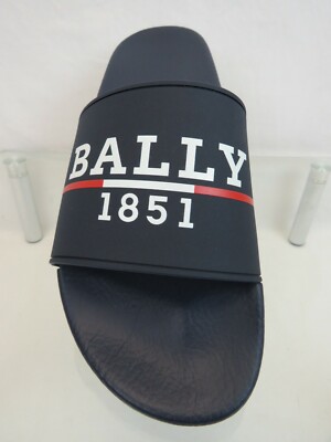 BALLY SAMUEL INK NAVY RUBBER WHITE LETTERING LOGO SANDALS 
