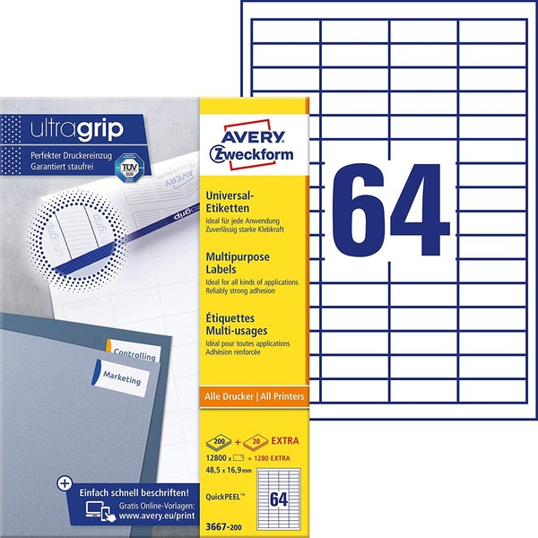 Avery Zweckform 3667-200 Universal Etiketten (12.800 Plus 1.280 Klebeetiketten E-image