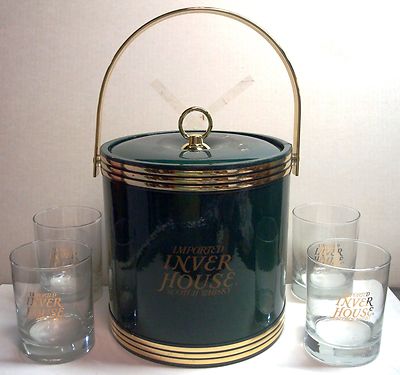 Inver House Scotch Whisky Scotland Ice Bucket 4 Old Fashioned Gold Glass NOS Vtg