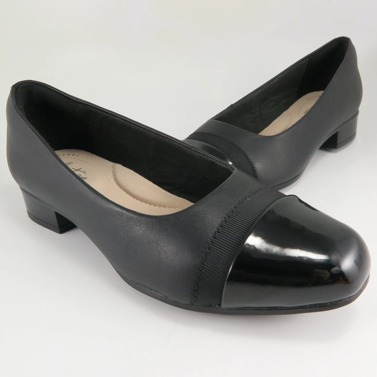 Clarks JULIET MONTE abito ballerine donna taglia 5 5M nero pelle vernice punta a cappuccio