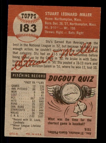 1953 Topps #183 Stu Miller EX - Picture 2 of 2