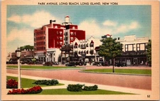 Park Avenue Long Beach Long Island NY 1940s Autos Stores linen postcard P5x