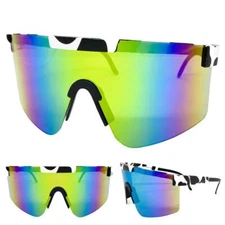 Oversized RETRO SPORTY WRAP Shield Cycling SUN GLASSES Large Big Cow Print Frame
