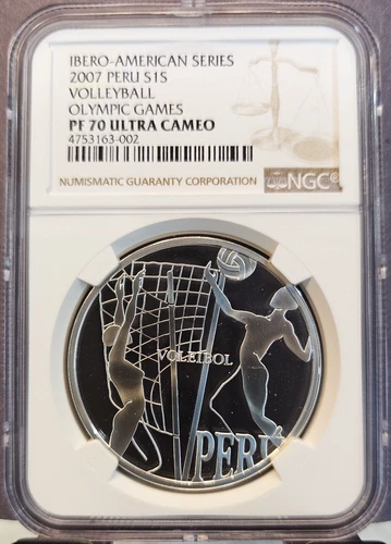 2007 PERU SILVER 1 SOL OLYMPIC VOLLEYBALL NGC PF 70 ULTRA CAMEO RARE POP 1