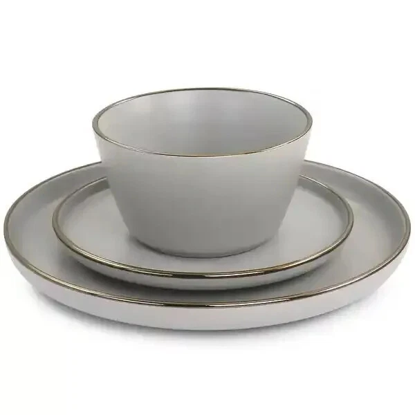 Elama Louis 16 Piece Stoneware Dinnerware Set in Matte Slate with Gold Rim - Image 3 of 4