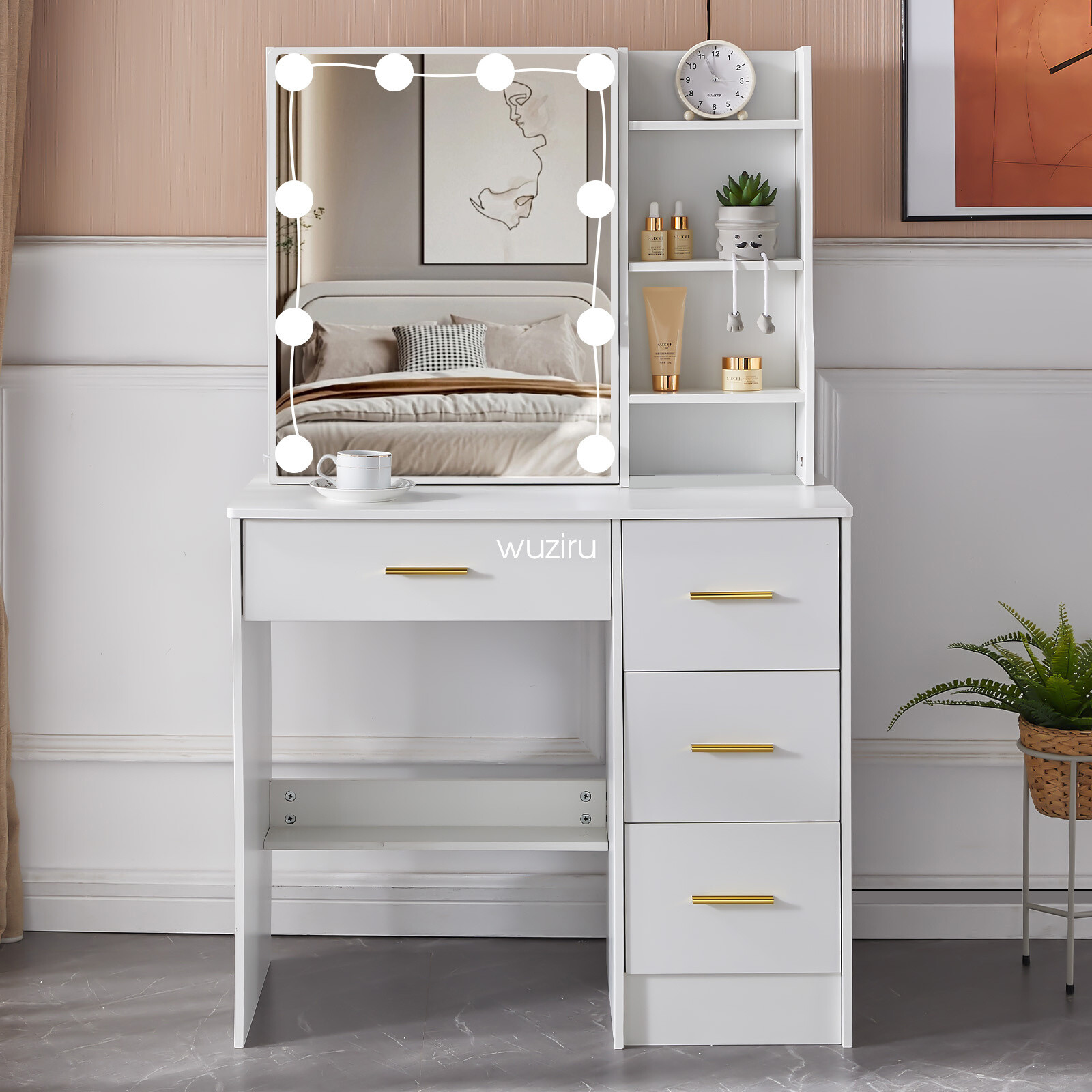 Tocador con Espejo de Maquillaje e Iluminación LED Cajón Tocador Madera