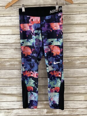 Nike Pro Dri Fit Womens XS Pink Purple Flower Jam Print Capri Leggings EUC  j341