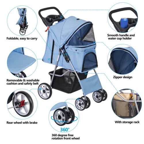 3/4-Wheels Pet Stroller Folding Dog Stroller w/ Safety Belt and Cup Holder - Picture 52 of 87