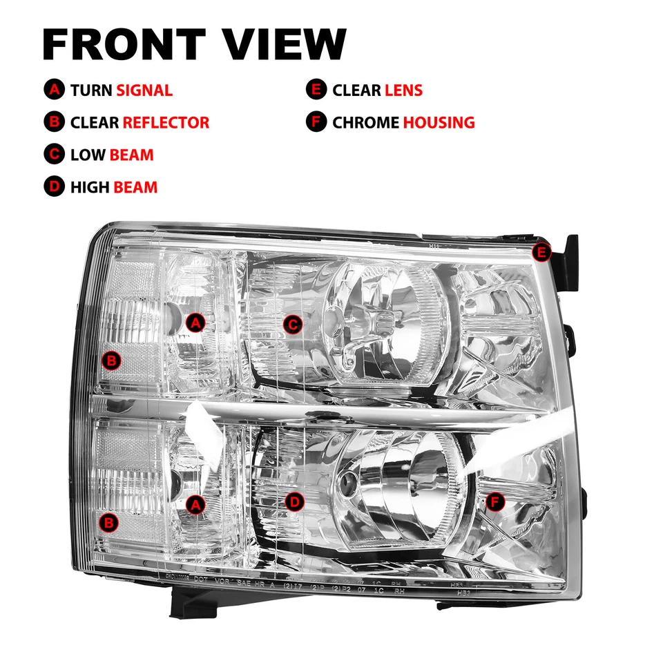 Chrome Headlights For 2007-2014 Chevy Silverado 1500 2500HD 3500HD LH+RH Sets - Image 3 of 4