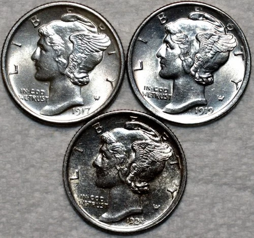 3x AU-UNC Mercury Dimes, 1917-P FSB, 1919-P, and 1924-P FSB