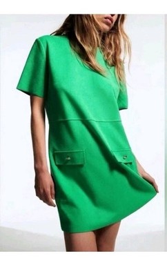 Zara Jackie Shift T Shirt Dress Pockets Green Neutral Basic Modern Size XS