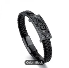 Men's Freemason Masonic Bracelet Stainless Steel Magnetic Leather Wristband 8.3"