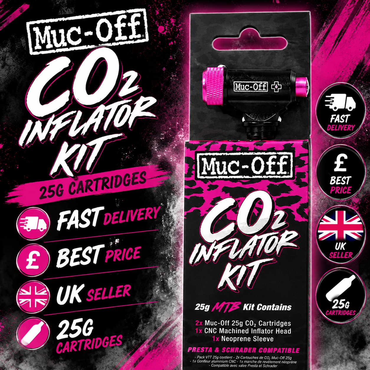 Muc-Off CO2 MTB / Road Inflator / pump Kit - 25g - Presta / Schrader (Not 16g)