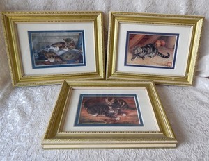 Trio of FRAMED Cat Pictures - 3 Gold Trimmed Frames - 3 Different Kitties
