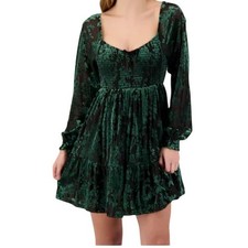 Crystal Doll Emerald Green Floral Burnout Velvet Smocked Mini Dress XL New