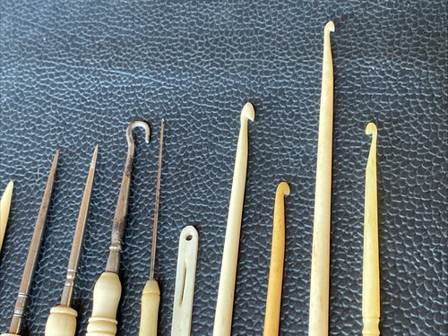13 Bone Sewing Tool Stiletto Bodkin Awl Ribbon Threader Lace Crochet Hook Ornate - Picture 7 of 24