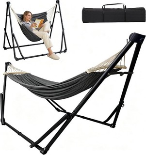 Hammock & Hanging Chair 2 in 1 AUCTION Foldable Stand Portable Hammock Black
