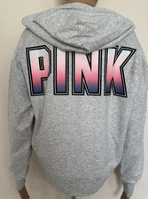 Victoria's Secret PINK Logo  Full Zip Hoodie Sweatshirt Light Heather Grey XS