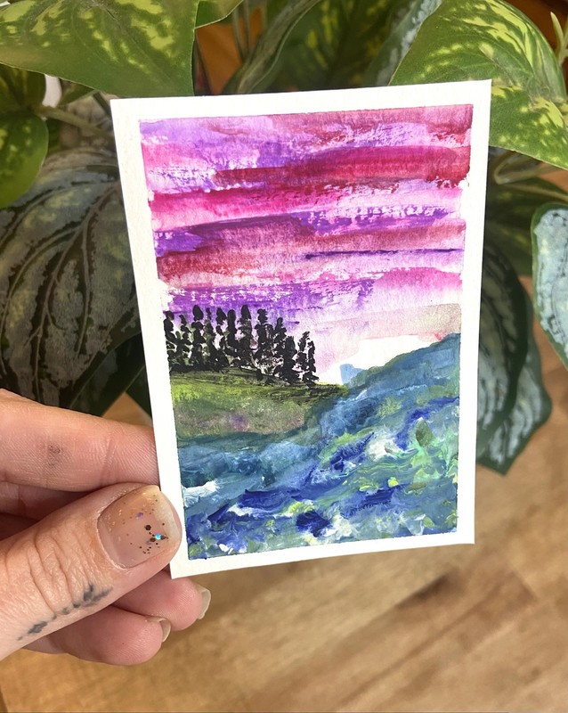 ACEO Original Art Miniature Card river landscape Gouache  -Andrea baker