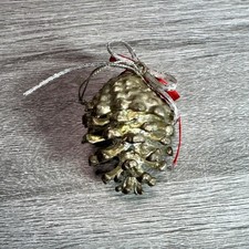 Vintage Handcrafted Silver Pinecone Ornament With Red Silver Ribbon